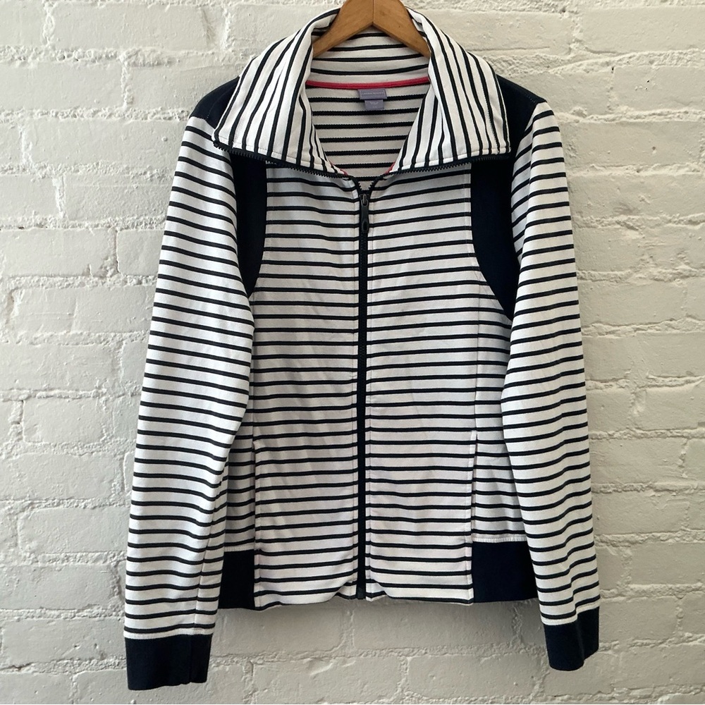 Laura Scott Womens Sweatshirt White Striped Zip Up Jacket Athleisure Nautical L